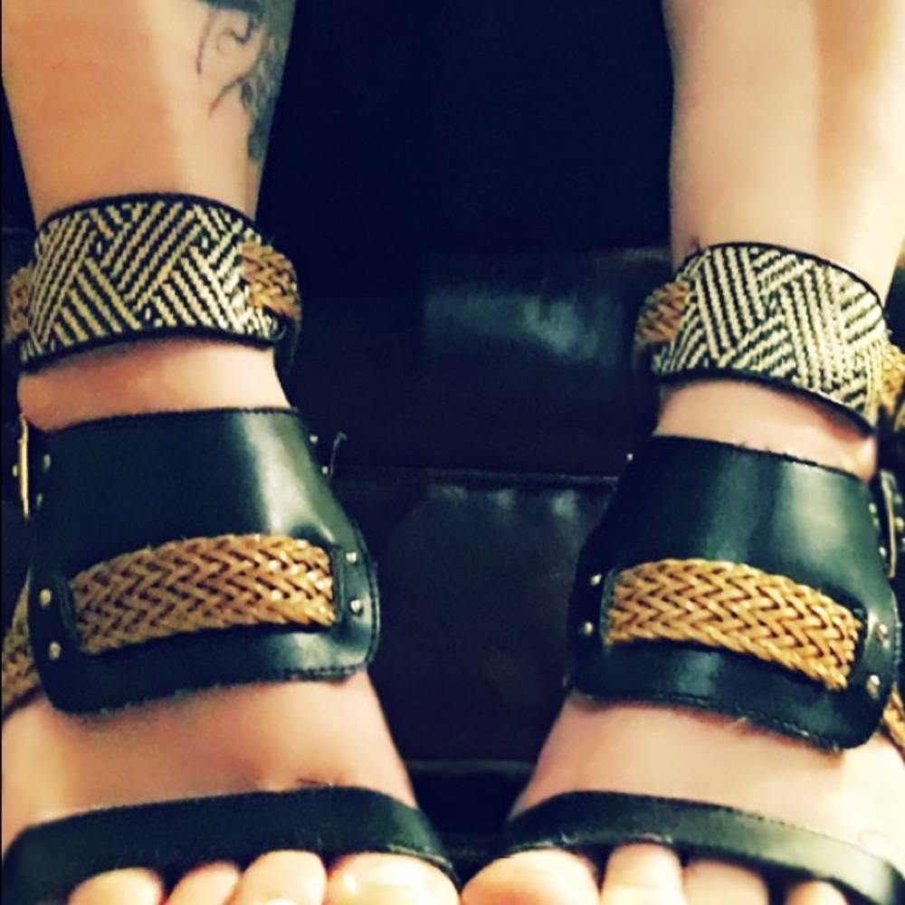 MIA raffia-and-faux-leather wedges